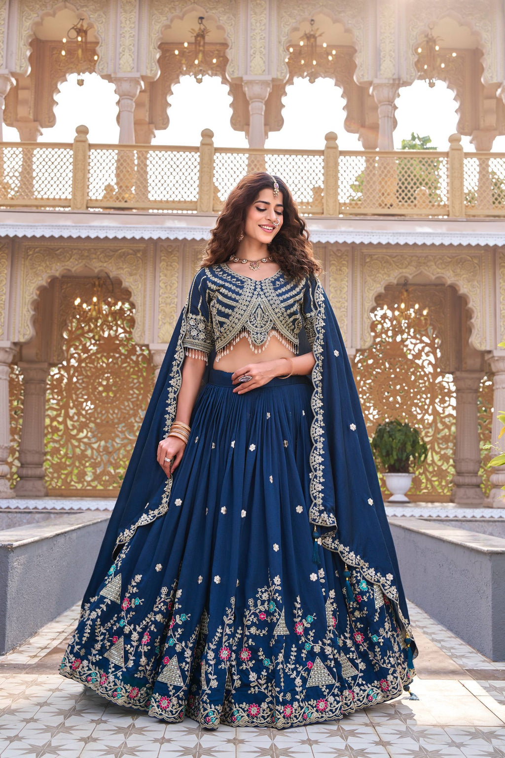 VELMORAFEB Midnight Grace: Heavily Embroidered Navy Blue Lehenga Set