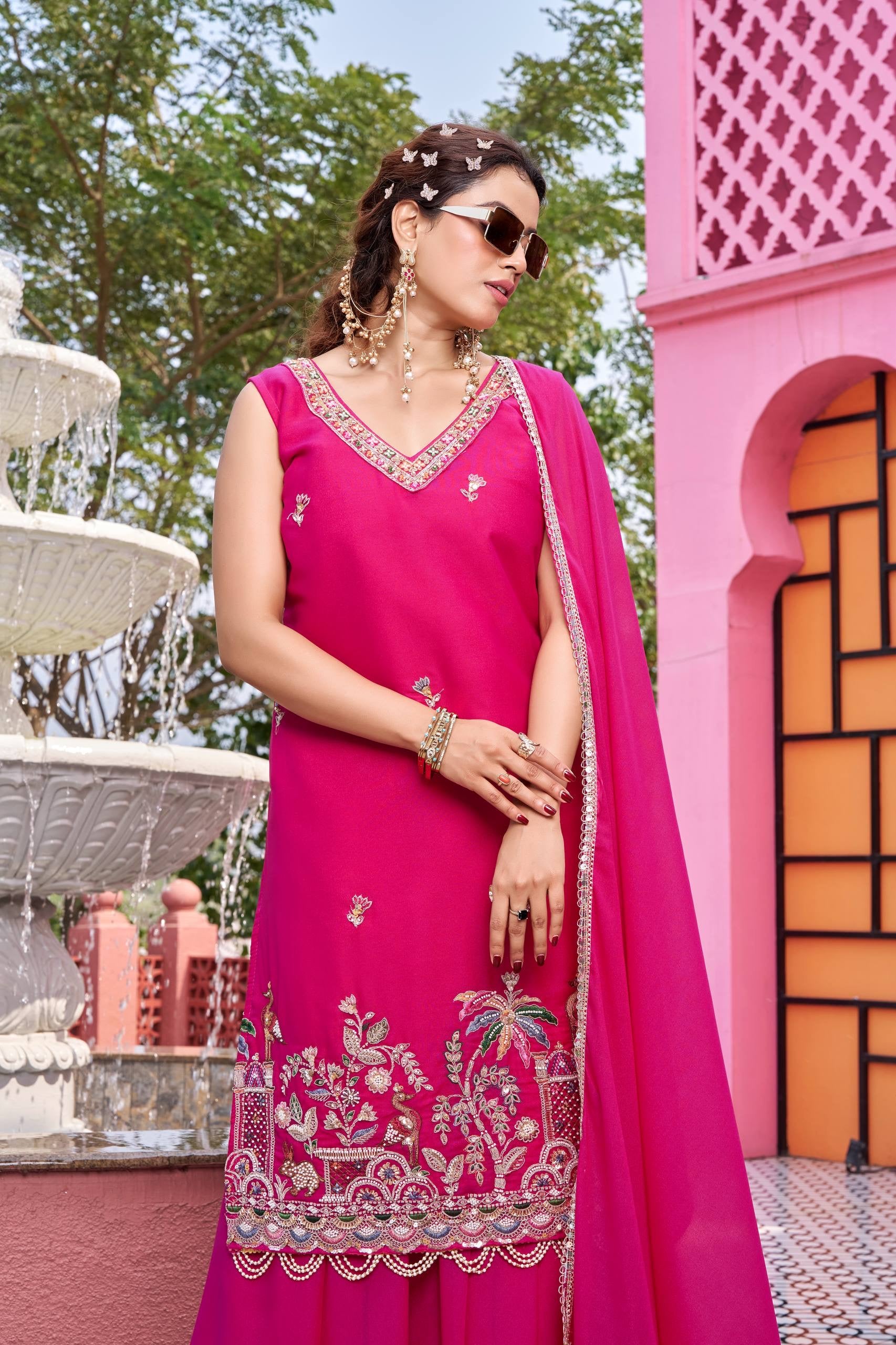 VELMORAFEB Designer Moti Work Kurti with Plazzo & Dupatta Set