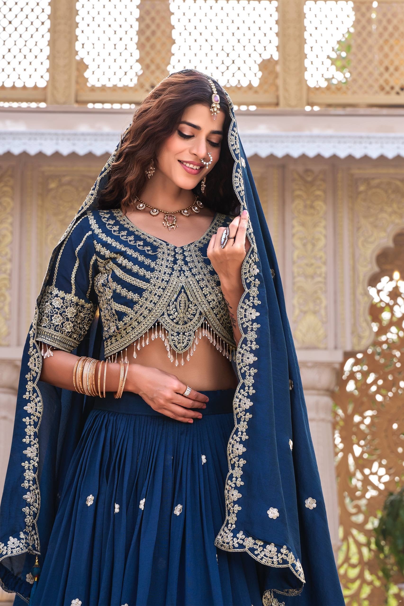 VELMORAFEB Midnight Grace: Heavily Embroidered Navy Blue Lehenga Set