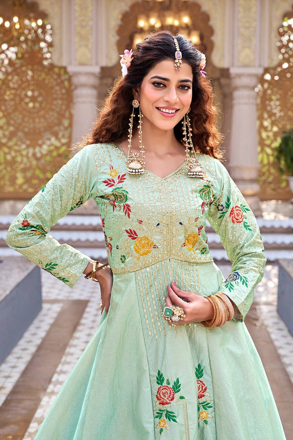 Velmorafeb Royal Mint Green Peacock Embroidered Anarkali Gown Set