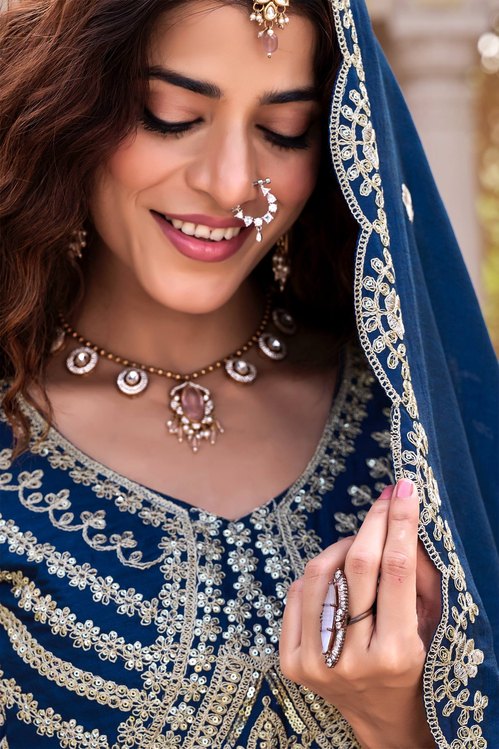 VELMORAFEB Midnight Grace: Heavily Embroidered Navy Blue Lehenga Set