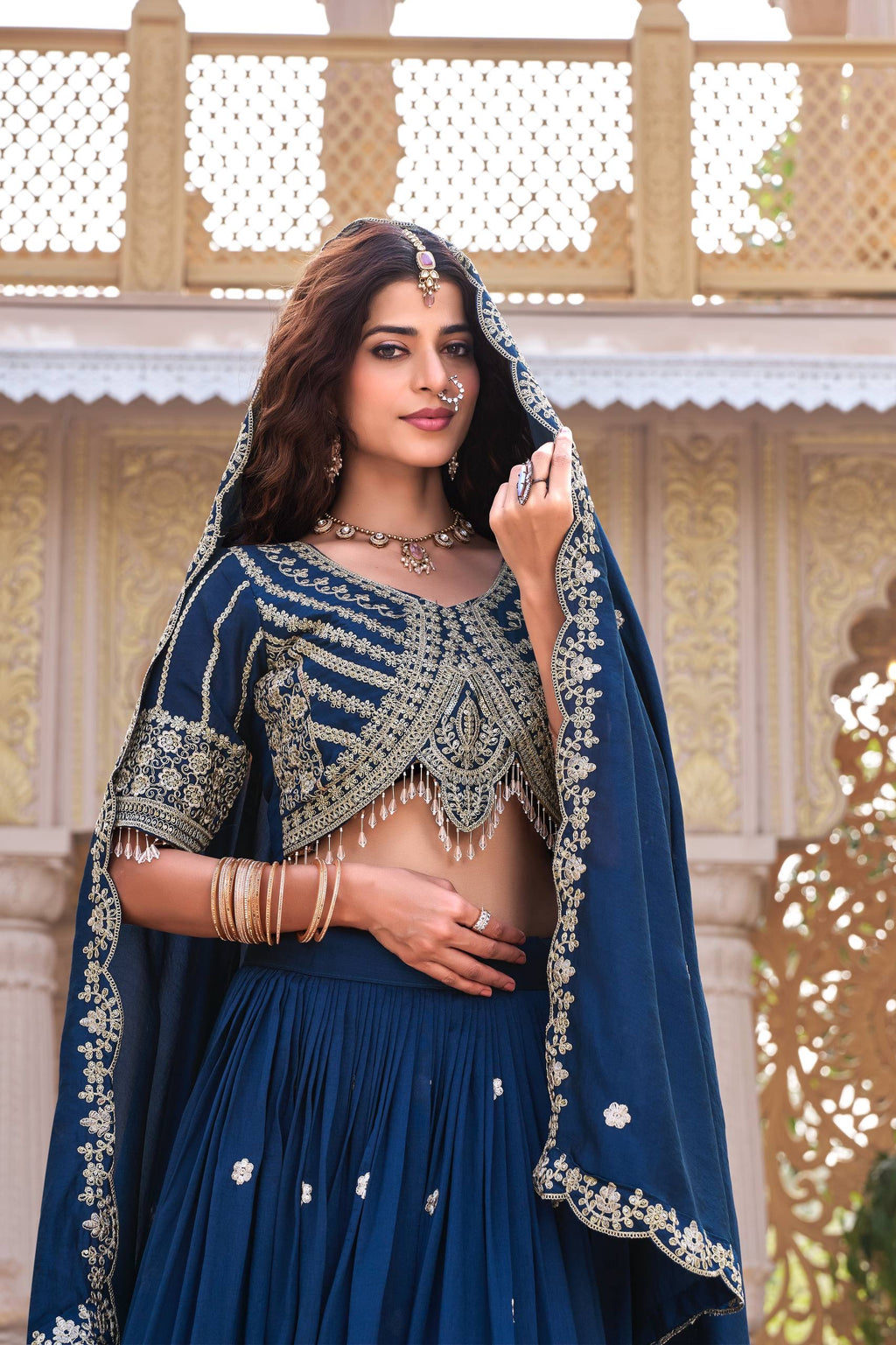 VELMORAFEB Midnight Grace: Heavily Embroidered Navy Blue Lehenga Set