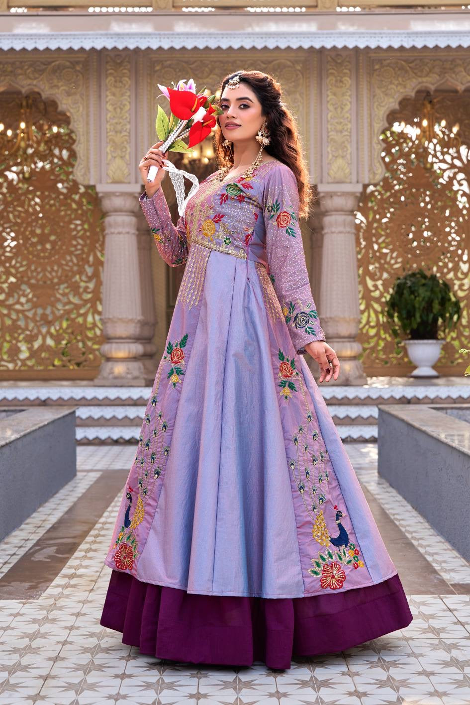 Velmorafeb Royal Lavender Floral Embroidered Anarkali Gown