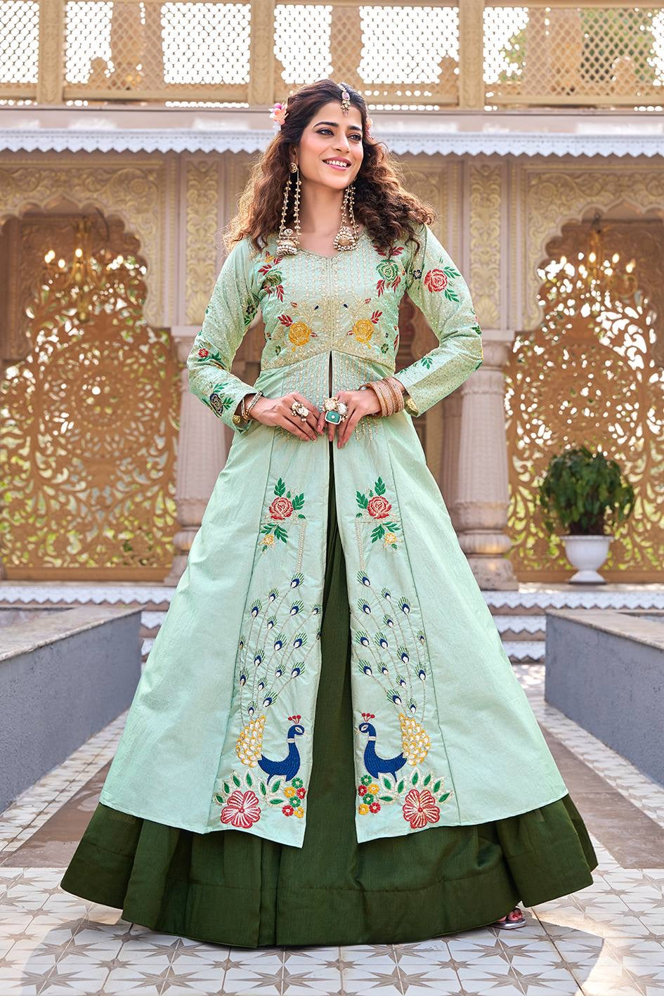 Velmorafeb Royal Mint Green Peacock Embroidered Anarkali Gown Set