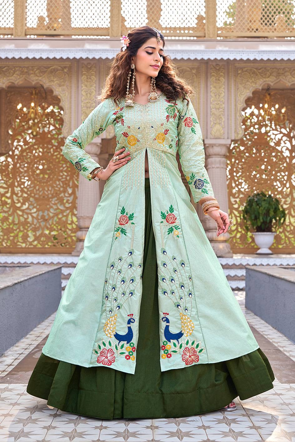 Velmorafeb Royal Mint Green Peacock Embroidered Anarkali Gown Set