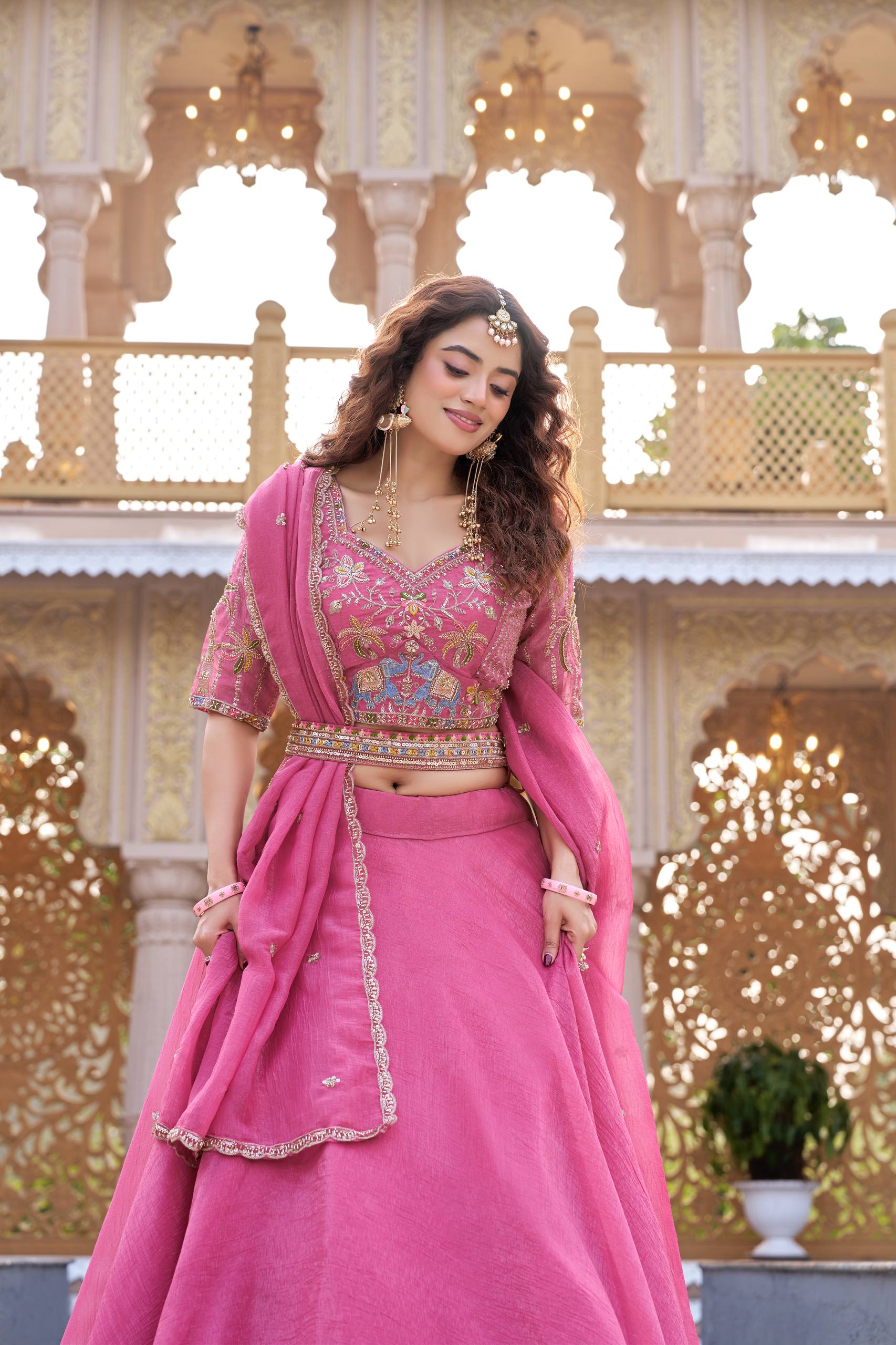 Rose Pink Embroidered Choli Set with Belt Detail