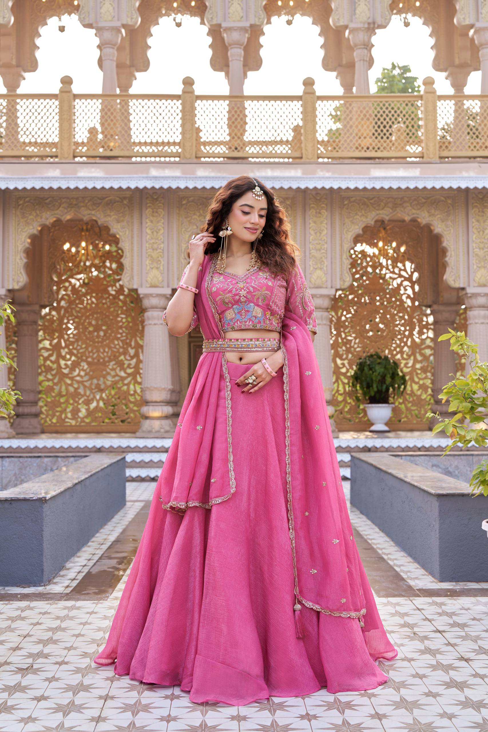 Rose Pink Embroidered Choli Set with Belt Detail