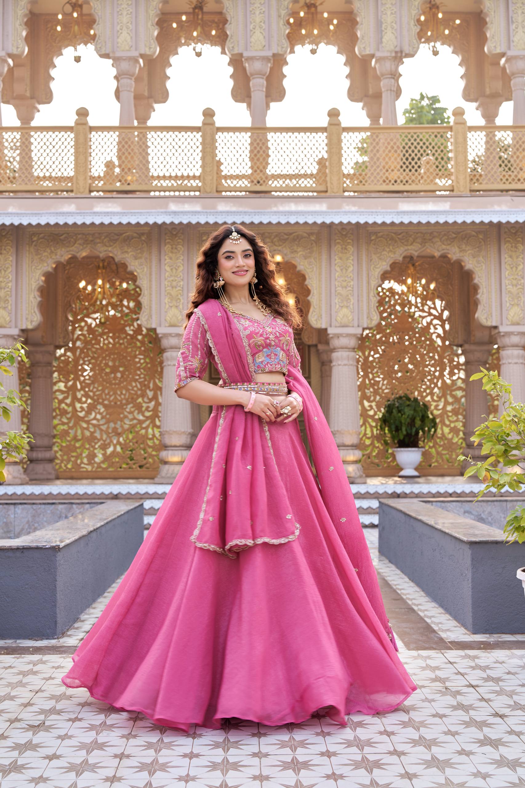 Rose Pink Embroidered Choli Set with Belt Detail