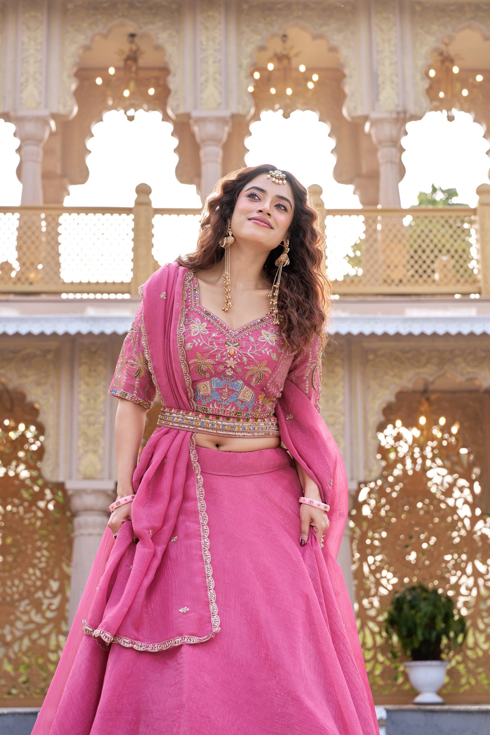 Rose Pink Embroidered Choli Set with Belt Detail