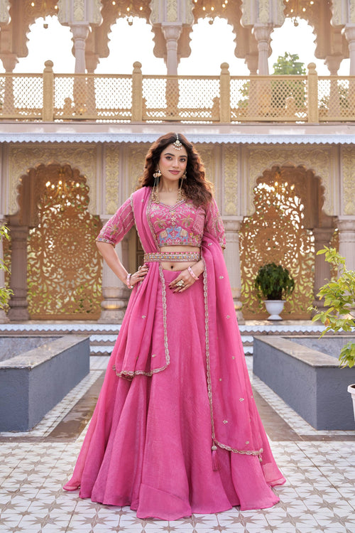 Rose Pink Embroidered Choli Set with Belt Detail